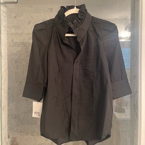 Shop KMJ. Bontina tux black ruffle. Reworked men’s shirts reimagined for women.